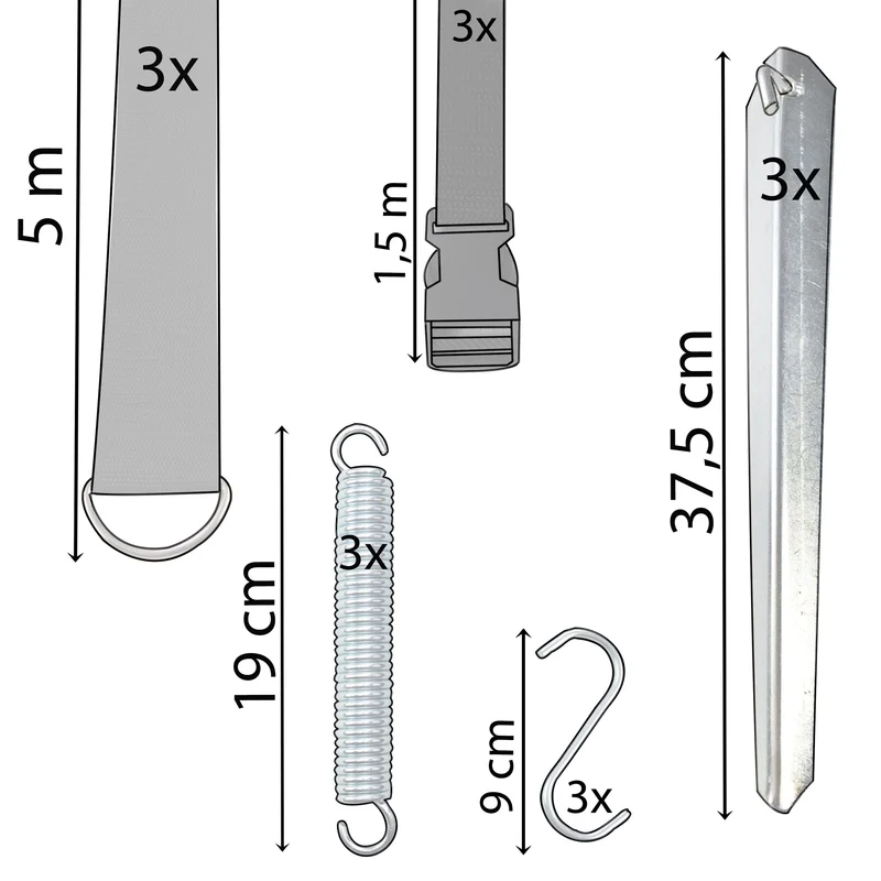 Sturmband Set Spanngurte 3x6 m mit Spannfeder Heringe S-Haken Sturmset Sturmsicherung Vorzelt Zelt Zubehör Camping Tie Down Erdanker Sturmverspannung Seitensicherung