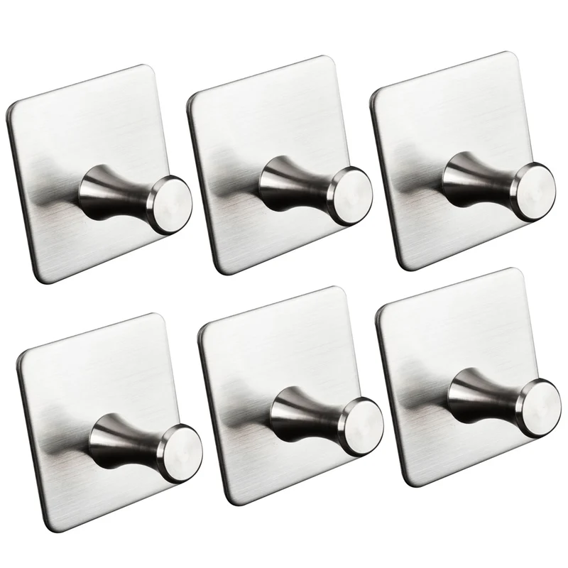 6x Wandhaken - 3M selbstklebend - Edelstahl Haken - Handtuchhaken ohne Bohren Wandhalterung universal Huthaken Klebehaken