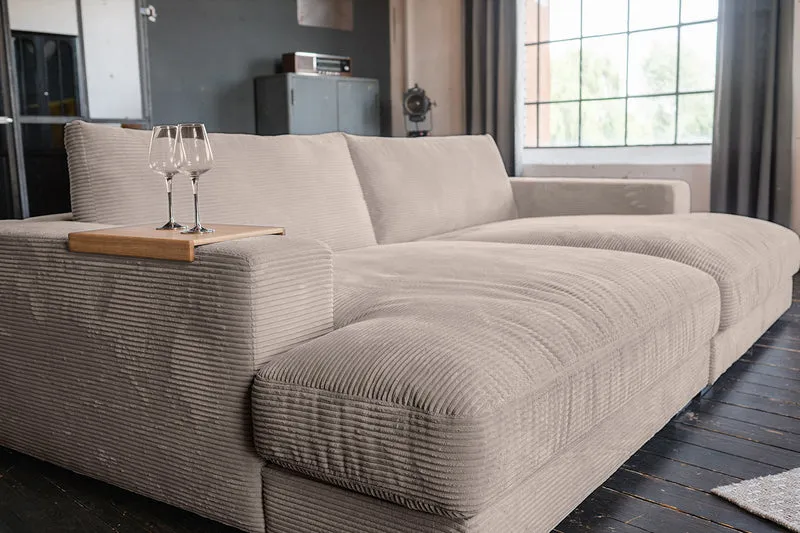 KAWOLA Big Sofa MADELINE Cord taupe mit Hocker und 4 Zierkissen