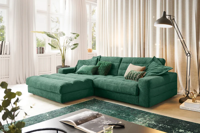 KAWOLA Sofa LANA Ecksofa Cord smaragd
