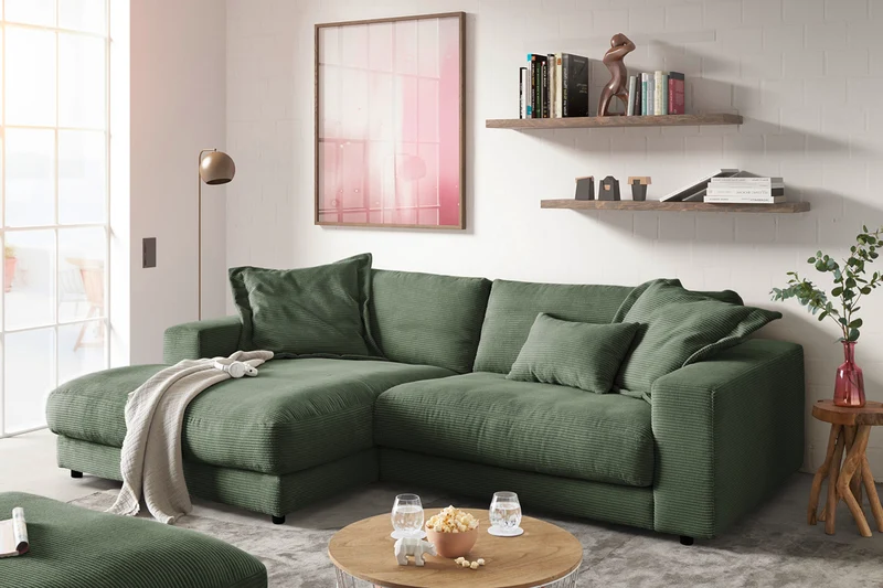 KAWOLA Sofa MADELINE Ecksofa mit Longchair Cord olivgrün