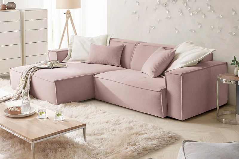 KAWOLA Sofa SAMU Ecksofa Feincord rosa