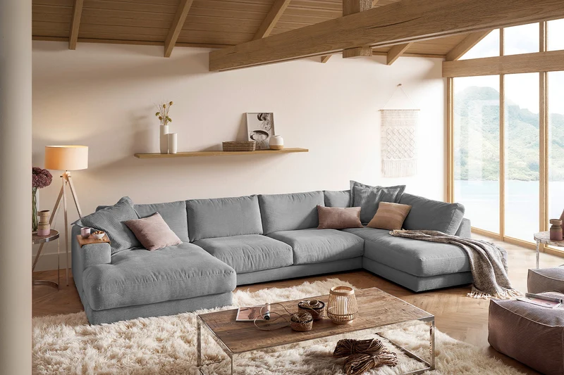 KAWOLA Sofa MADELINE Wohnlandschaft U-Form Cord grau