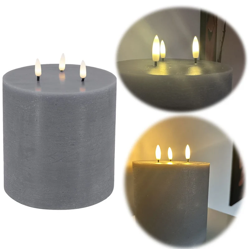 LED 3D Stumpenkerze Ribe Grau 15x15cm Dreidocht Echtwachs flackernde flammenlose Kerze