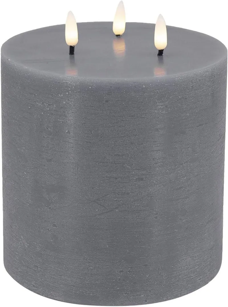 LED 3D Stumpenkerze Ribe Grau 15x15cm Dreidocht Echtwachs flackernde flammenlose Kerze