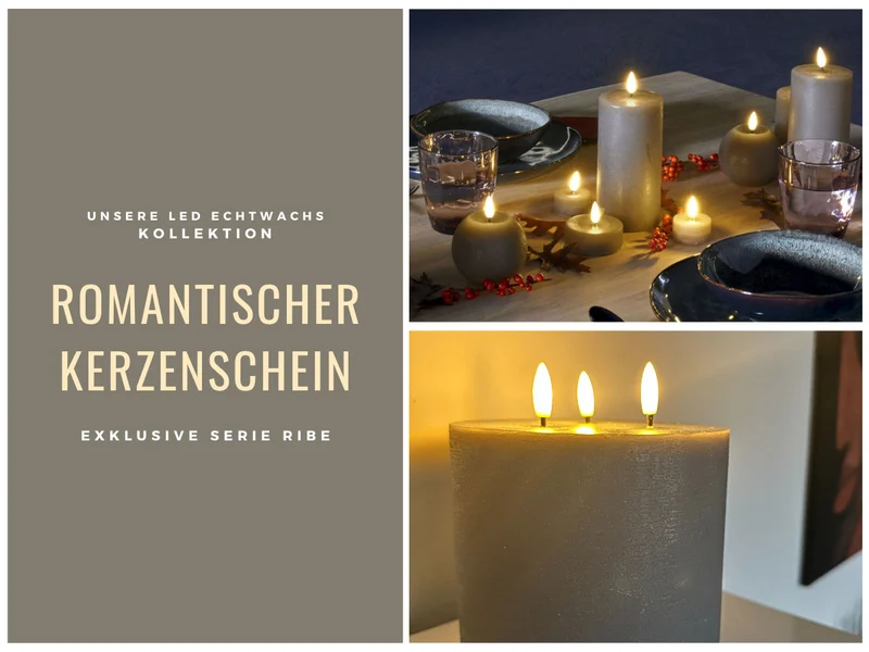 LED 3D Stumpenkerze Ribe Grau 15x15cm Dreidocht Echtwachs flackernde flammenlose Kerze