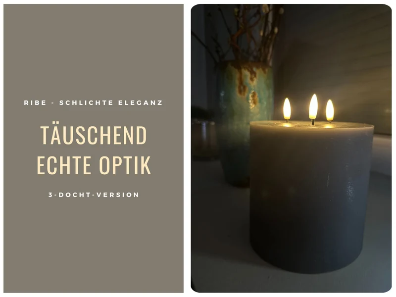 LED 3D Stumpenkerze Ribe Grau 15x15cm Dreidocht Echtwachs flackernde flammenlose Kerze