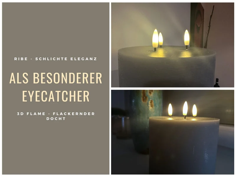 LED 3D Stumpenkerze Ribe Grau 15x15cm Dreidocht Echtwachs flackernde flammenlose Kerze