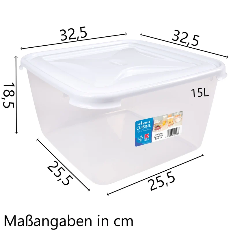 Vorratsdose 15 Liter mit Deckel Frischhaltedose - Aufbewahrungsbox mit Deckel - lebensmittelecht - transparent mit weißem Deckel - quadratisch