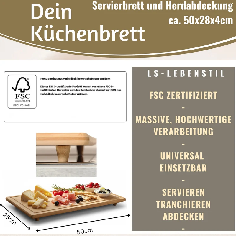 XL Holz Schneidebrett Herdabdeckplatte 50x28cm Bambus Küchenbrett Holzbrett Saftrille