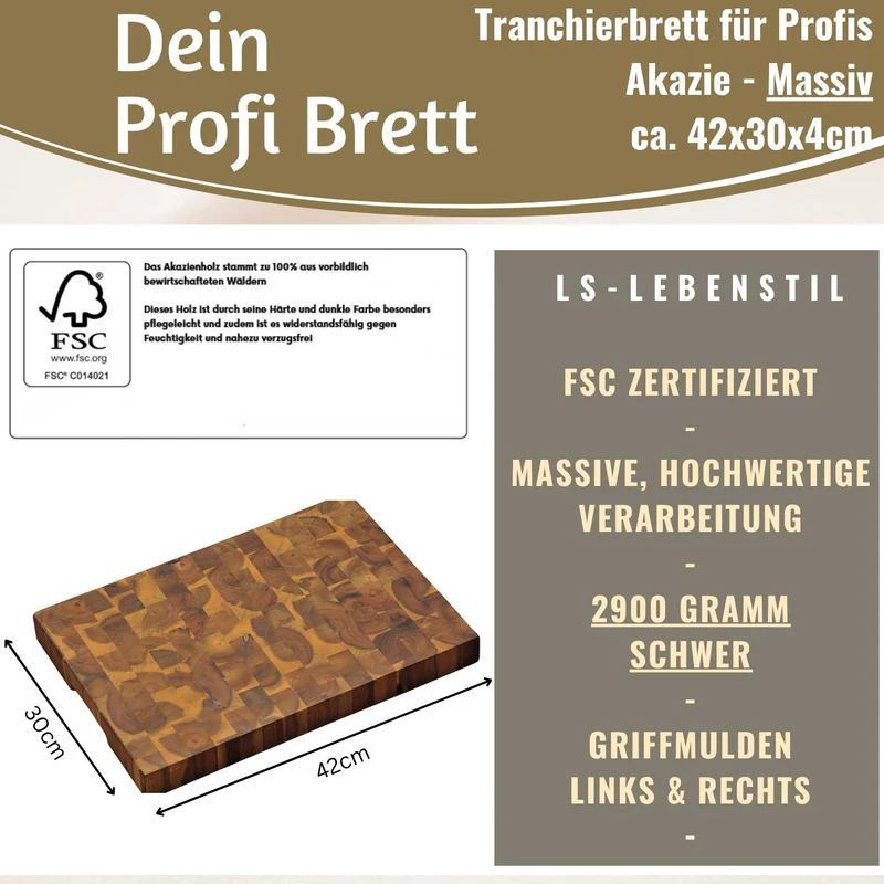 Profi Holz Schneidebrett Stirnholz 42cm XL Akazie Küchenbrett Tranchierbrett