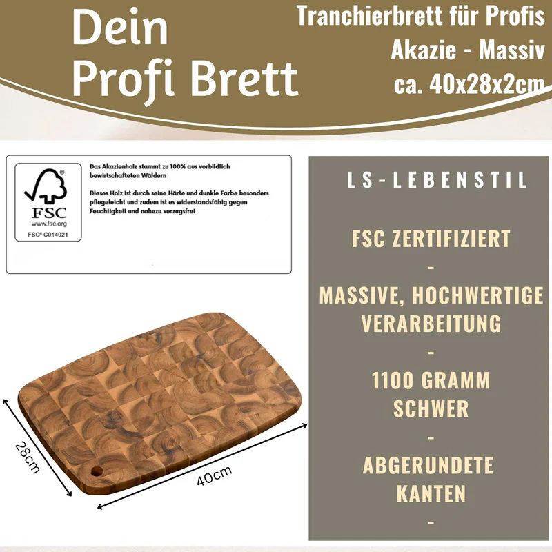 Profi Holz Schneidebrett Stirnholz 40cm XL Akazie Küchenbrett Tranchierbrett