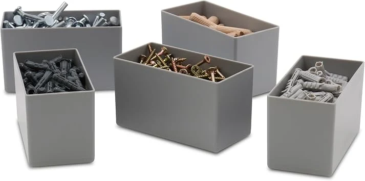 1a-TopStore 25 Stück Einsatzkasten Serie E63, farblich sortiert, 5 Farben u. 4 Größen, aus Polystyrol, Industrienorm, für Schubladen, Sortimentskästen etc. (grau, 63/2 108x54x63 mm)