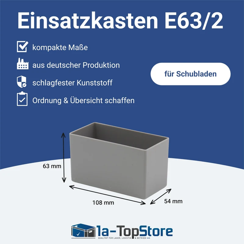 1a-TopStore 25 Stück Einsatzkasten Serie E63, farblich sortiert, 5 Farben u. 4 Größen, aus Polystyrol, Industrienorm, für Schubladen, Sortimentskästen etc. (grau, 63/2 108x54x63 mm)
