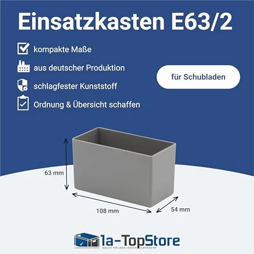 1a-TopStore 25 Stück Einsatzkasten Serie E63, farblich sortiert, 5 Farben u. 4 Größen, aus Polystyrol, Industrienorm, für Schubladen, Sortimentskästen etc. (grau, 63/2 108x54x63 mm)
