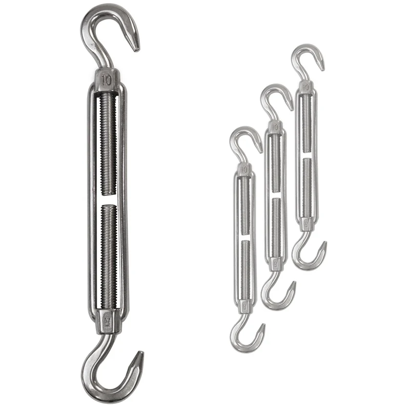 4 x Edelstahl Spannschloss Spannschraube D-10mm - M10 - beidseitig Haken - V2A Seilspanner Segelspanner für Drahtseil - 22-34 cm lang Wantenspanner Bruchlast 800kg
