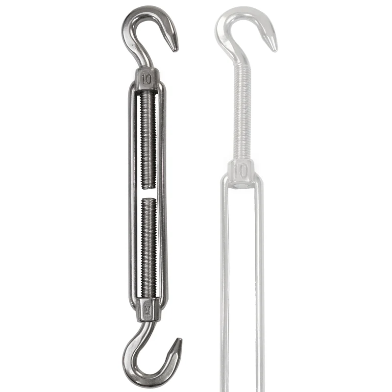4 x Edelstahl Spannschloss Spannschraube D-10mm - M10 - beidseitig Haken - V2A Seilspanner Segelspanner für Drahtseil - 22-34 cm lang Wantenspanner Bruchlast 800kg