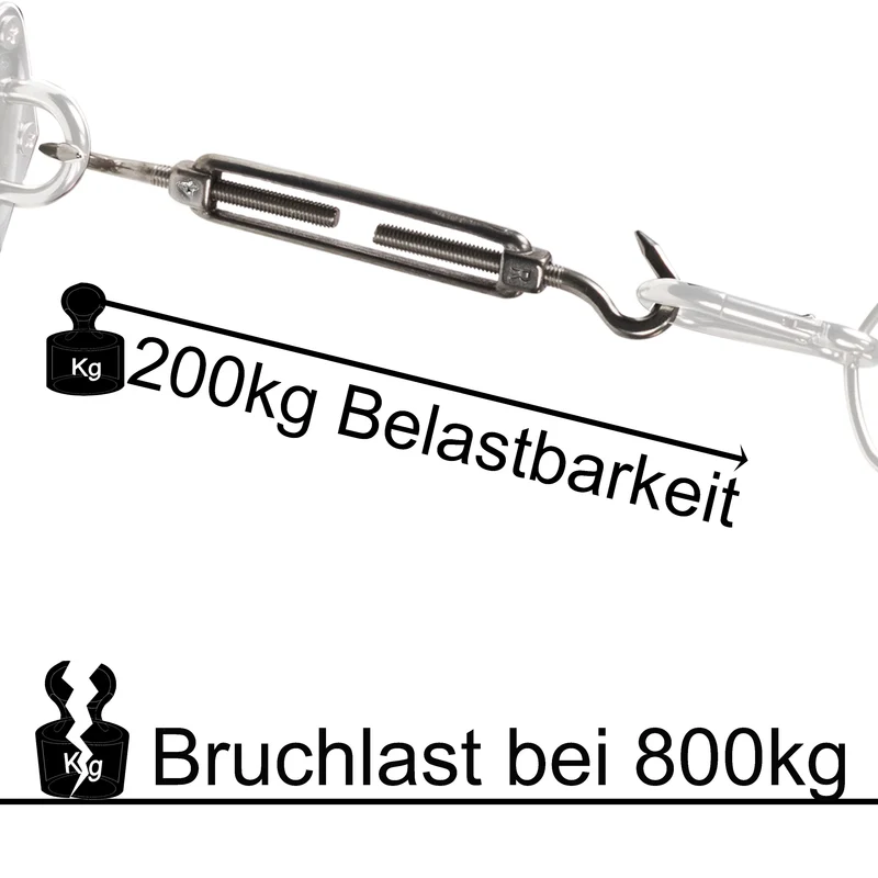 4 x Edelstahl Spannschloss Spannschraube D-10mm - M10 - beidseitig Haken - V2A Seilspanner Segelspanner für Drahtseil - 22-34 cm lang Wantenspanner Bruchlast 800kg