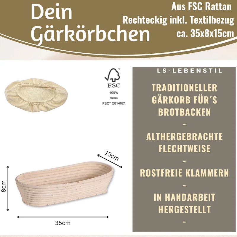 Gärkörbchen Gärkorb Oval 35x15x8cm Peddigrohr Brotform Leineneinsatz Brotkorb
