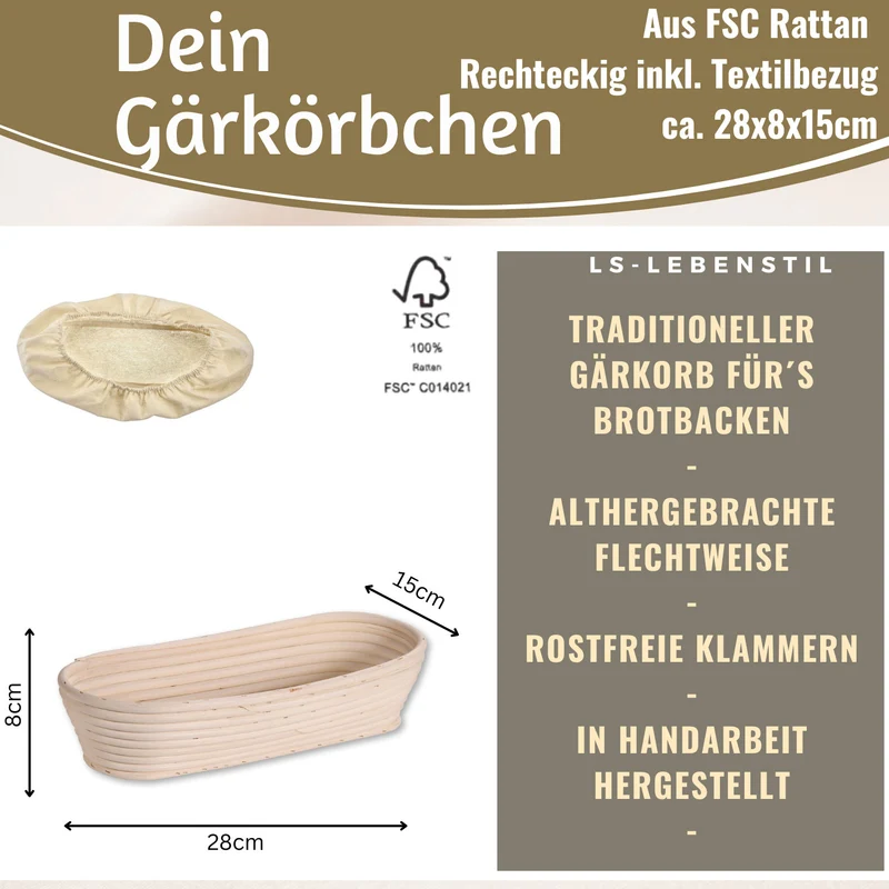 Gärkörbchen Gärkorb Oval 28x15x8cm Peddigrohr Brotform Leineneinsatz Brotkorb