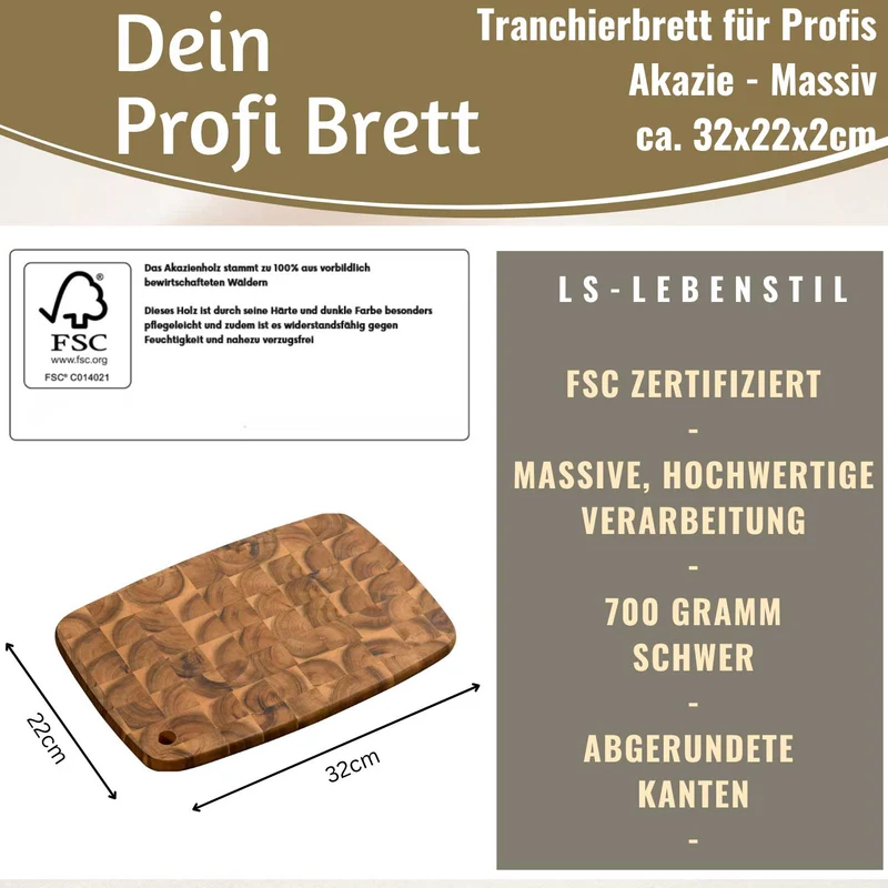 Profi Holz Schneidebrett Stirnholz 32cm Akazie Küchenbrett Tranchierbrett