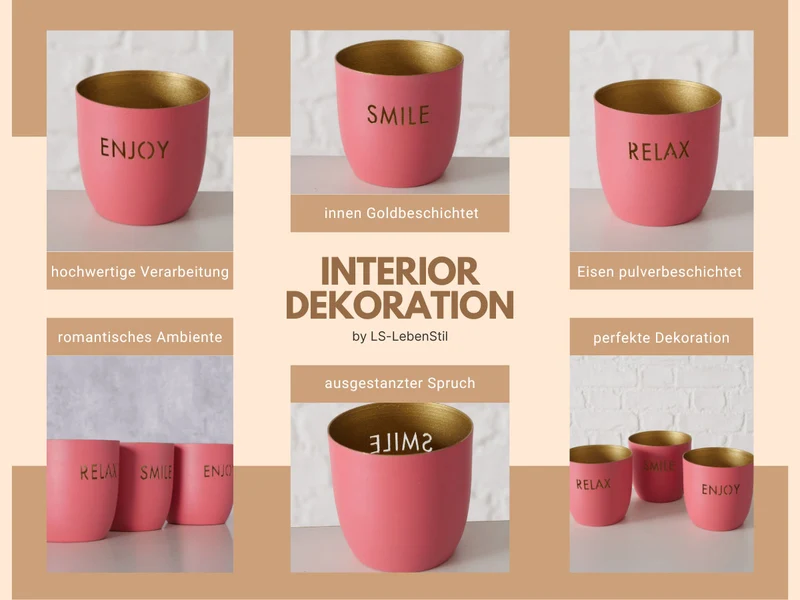 3x Metall Teelichthalter Relax Enjoy Smile Rosa Gold 7x7cm Set Windlichthalter