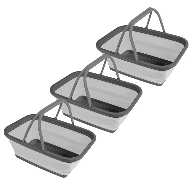 3x Faltbarer Schüssel mit Tragehenkel - rechteckig - 10 Liter - 38x29x15 cm gefaltet 5 cm hoch - grau - Waschschüssel Spülschüssel Wasserschüssel - Kunststoff Spüle