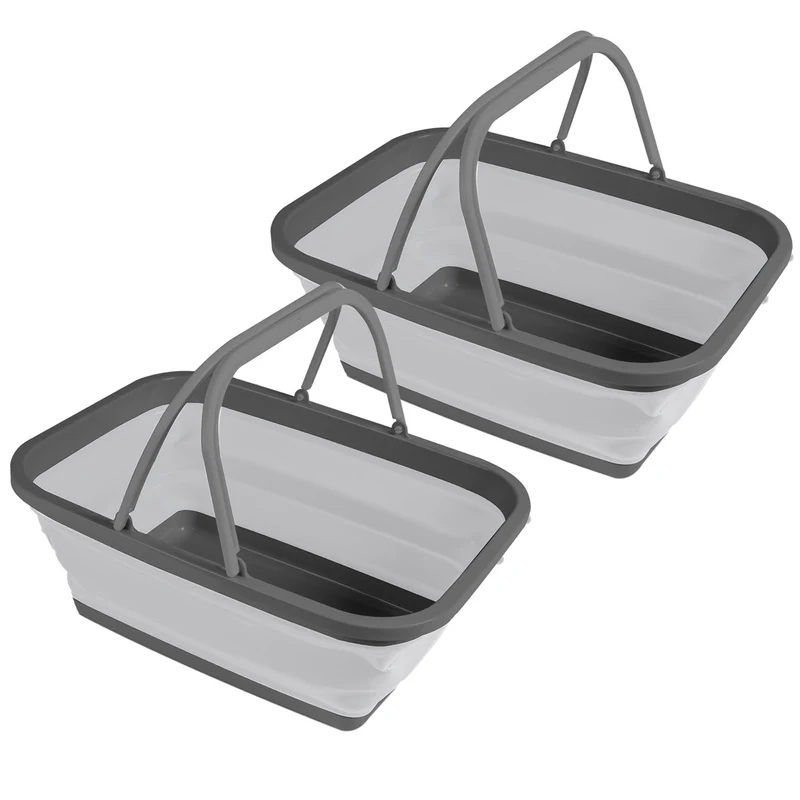 2x Faltbarer Schüssel mit Tragehenkel - rechteckig - 10 Liter - 38x29x15 cm gefaltet 5 cm hoch - grau - Waschschüssel Spülschüssel Wasserschüssel - Kunststoff Spüle