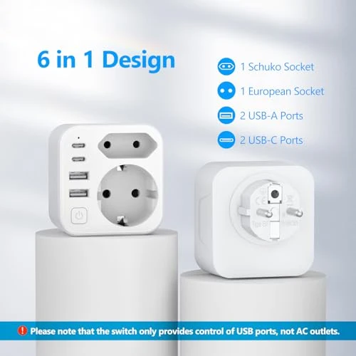 Doppelstecker für Steckdose,JSVER Steckdosenleiste mit USB 2Fach Steckdosenadapter(3680W 16A) mit 2 USB A und 2 USB C(5V/3.4A) Mehrfachstecker für Steckdose mit Schalter para iPad,iPhone Tablets
