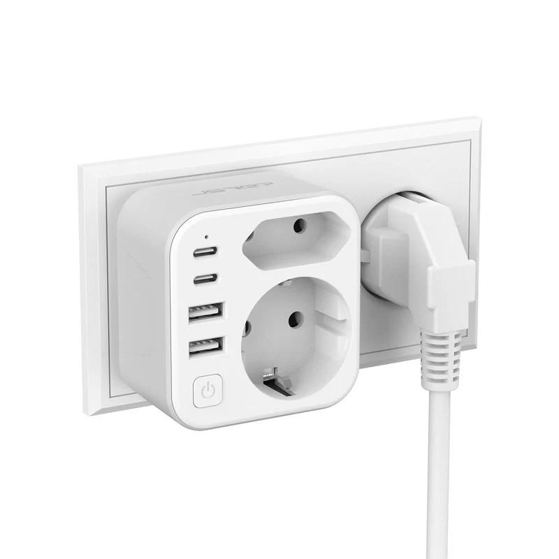 Doppelstecker für Steckdose,JSVER Steckdosenleiste mit USB 2Fach Steckdosenadapter(3680W 16A) mit 2 USB A und 2 USB C(5V/3.4A) Mehrfachstecker für Steckdose mit Schalter para iPad,iPhone Tablets