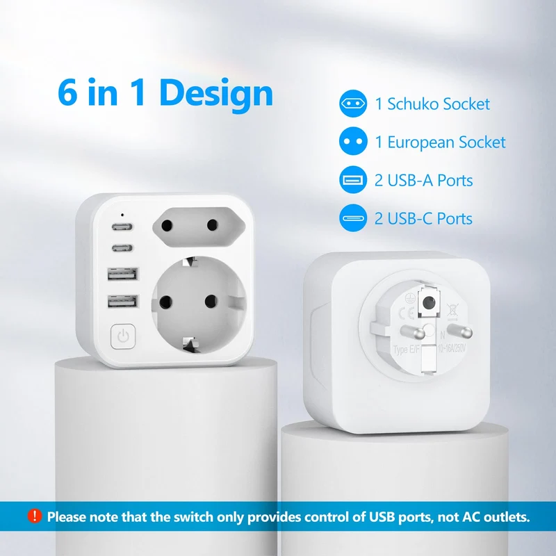 Doppelstecker für Steckdose,JSVER Steckdosenleiste mit USB 2Fach Steckdosenadapter(3680W 16A) mit 2 USB A und 2 USB C(5V/3.4A) Mehrfachstecker für Steckdose mit Schalter para iPad,iPhone Tablets