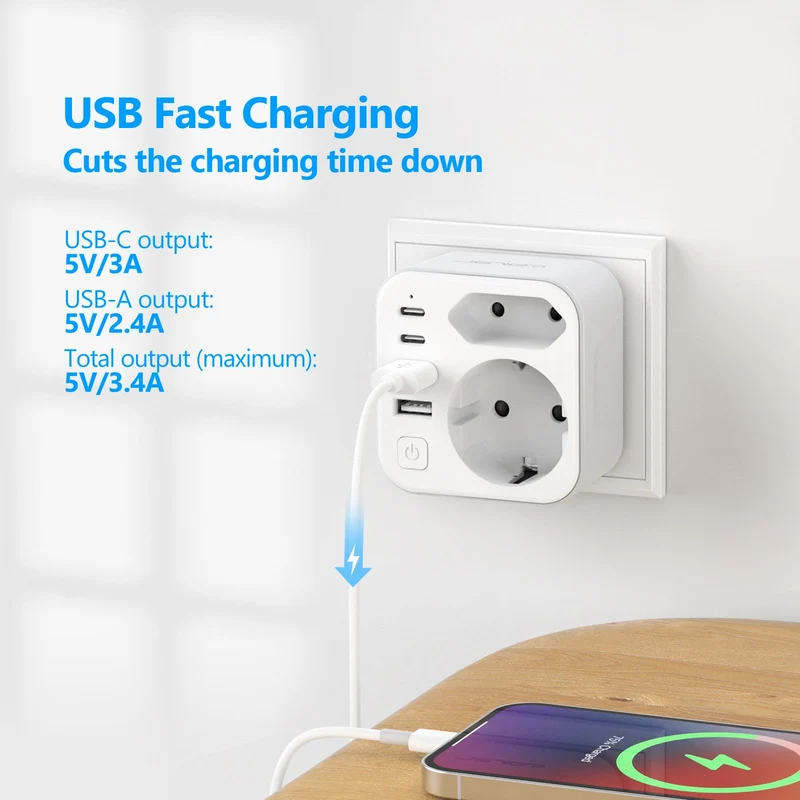 Doppelstecker für Steckdose,JSVER Steckdosenleiste mit USB 2Fach Steckdosenadapter(3680W 16A) mit 2 USB A und 2 USB C(5V/3.4A) Mehrfachstecker für Steckdose mit Schalter para iPad,iPhone Tablets