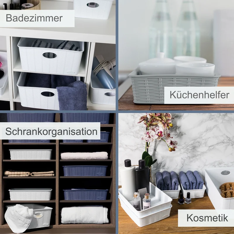 Aufbewahrungskörbchen WEIß Rattan-Optik - DINA4 35x25.5x6cm - LEBENSMITTELECHT Ordnungskorb Ordnungsbox Schubladenorganizer Schublade Organizerbox Ordnungssystem