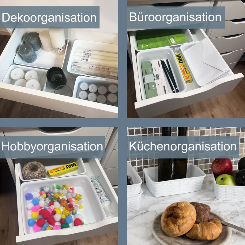 Aufbewahrungskörbchen WEIß Rattan-Optik - DINA4 35x28x12cm - LEBENSMITTELECHT Ordnungskorb Ordnungsbox Schubladenorganizer Schublade Organizerbox Ordnungssystem