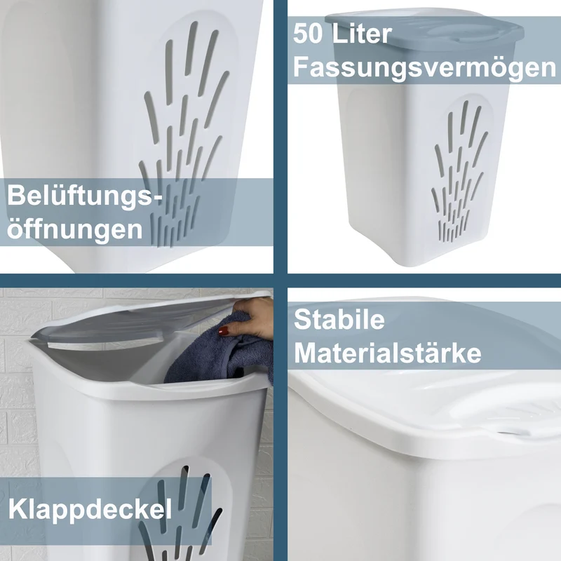 Wäschekorb 50 Liter groß mit Deckel - Wäschesammler mit Löcher 39x37x55cm Wäschebox Wäschesortierer Haushaltskorb Korb Haushalt Kunststoff Wäschetruhe Wäschetonne Wäschesack