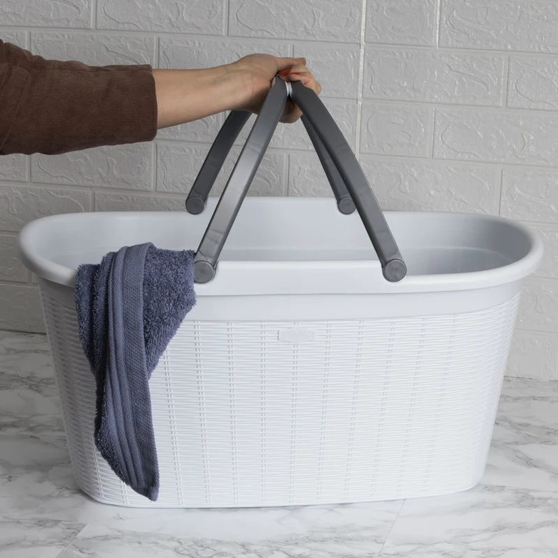 Wäschekorb 35 Liter mit 2 Henkeln - 57.5x37x29 cm Rattan-Design ohne Löcher - Haushaltskorb Wäschewanne Tragekorb Wäschesammler Wäschesortierer Wäschebox - Aufbewahrung Kunststoff