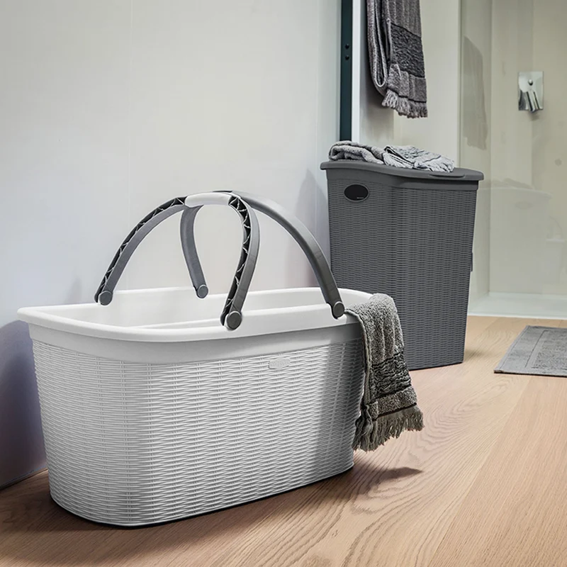 Wäschekorb 35 Liter mit 2 Henkeln - 57.5x37x29 cm Rattan-Design ohne Löcher - Haushaltskorb Wäschewanne Tragekorb Wäschesammler Wäschesortierer Wäschebox - Aufbewahrung Kunststoff