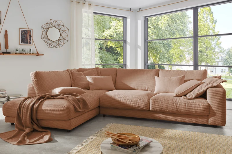KAWOLA Sofa MADELINE Ecksofa mit Recamiere Cord rost