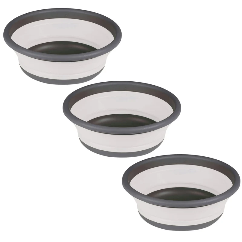 3x Faltbarer Schüssel - rund - 9 Liter - D-37,5x14 cm - gefaltet 5 cm - grau Waschschüssel Spülschüssel Wasserschüssel - Kunststoff Spüle