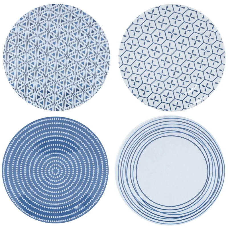 Melamin Geschirr und Acryl Glas Set für 4 Personen - 20 Teile - Campinggeschirr - blau weiß - mit Sektglas 150 ml Gläsern - Essgeschirr