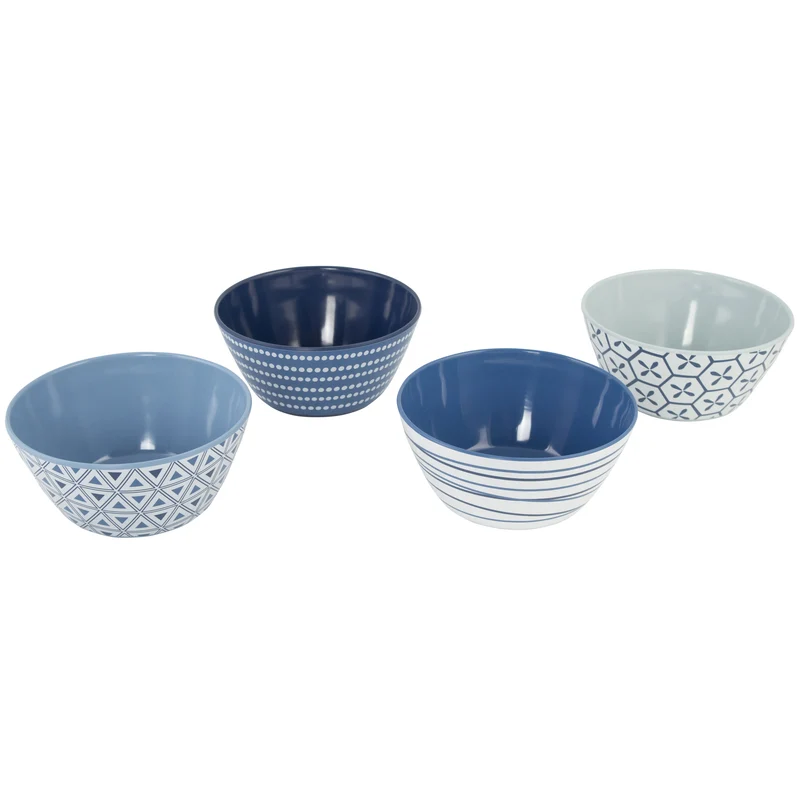 Melamin Geschirr und Acryl Glas Set für 4 Personen - 20 Teile - Campinggeschirr - blau weiß - mit Sektglas 150 ml Gläsern - Essgeschirr