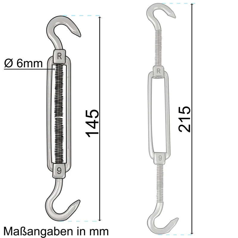 8 x Edelstahl Spannschloss Spannschraube D-6mm - M6 - beidseitigem Haken - V2A - Seilspanner Segelspanner für Drahtseil - 14-21cm lang Wantenspanner Bruchlast 350kg