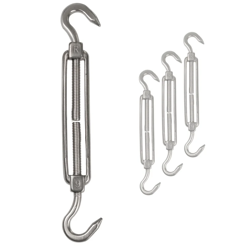4 x Edelstahl Spannschloss Spannschraube D-6mm - M6 - beidseitigem Haken - V2A Seilspanner Segelspanner für Drahtseil - 14-21cm lang Wantenspanner Bruchlast 350kg