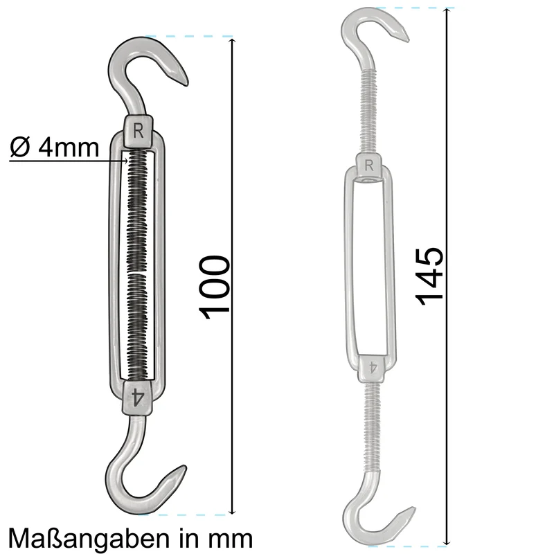 8x Edelstahl Spannschloss Spannschraube D-4mm - M4 - beidseitigen Haken - V2A Seilspanner Segelspanner für Drahtseil - 10-14cm lang Wantenspanner Bruchlast 100 kg