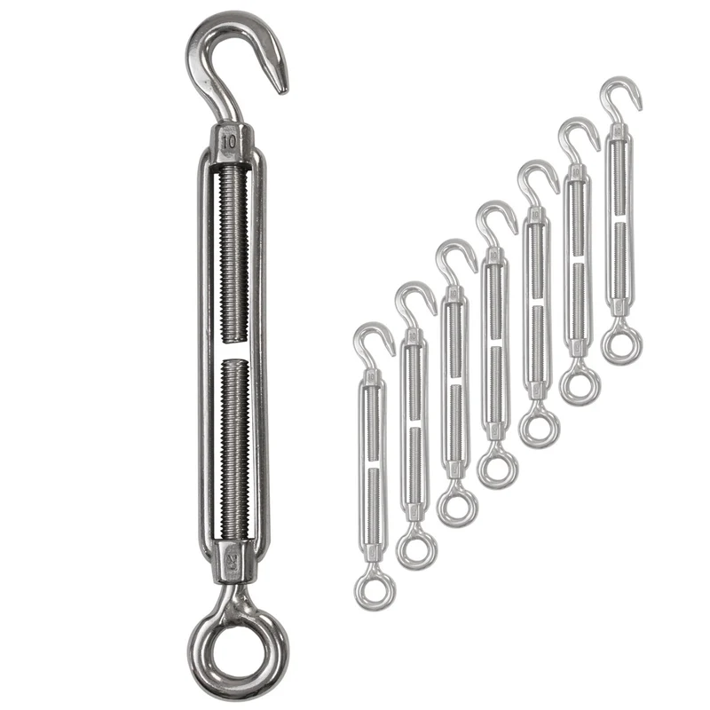 8x Edelstahl Spannschloss Spannschraube D-10mm - M10 - Öse+Haken - V2A Seilspanner Segelspanner für Drahtseil - 22-34 cm lang Wantenspanner Bruchlast 800kg