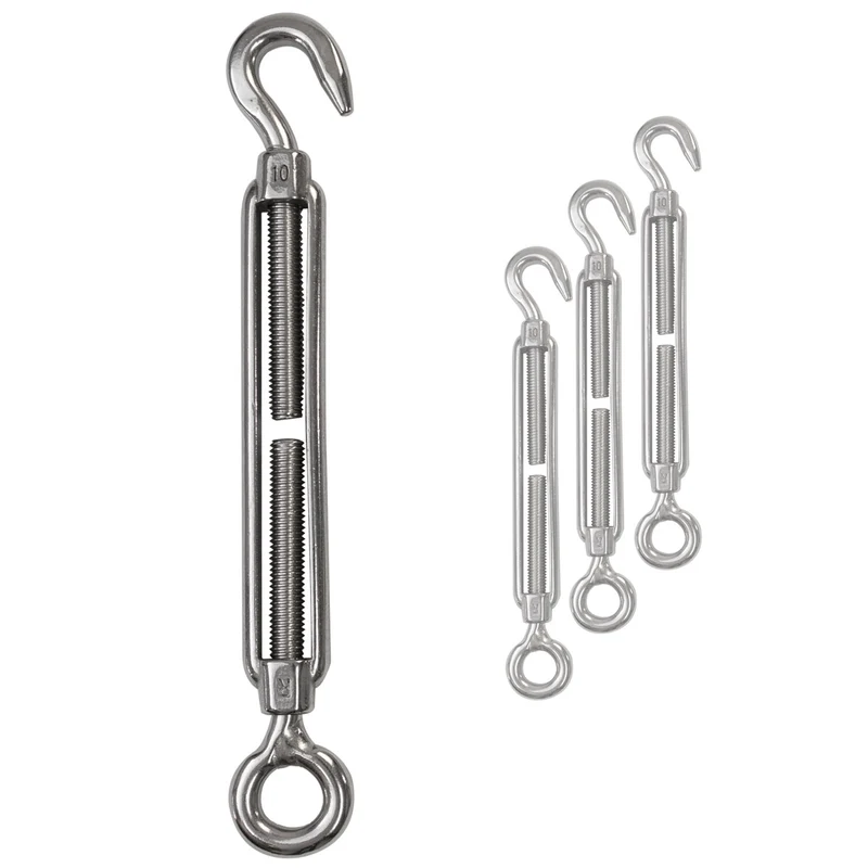 4x Edelstahl Spannschloss Spannschraube D-10mm - M10 - Öse+Haken V2A - Seilspanner Segelspanner für Drahtseil - 22-34 cm lang Wantenspanner Bruchlast 800kg
