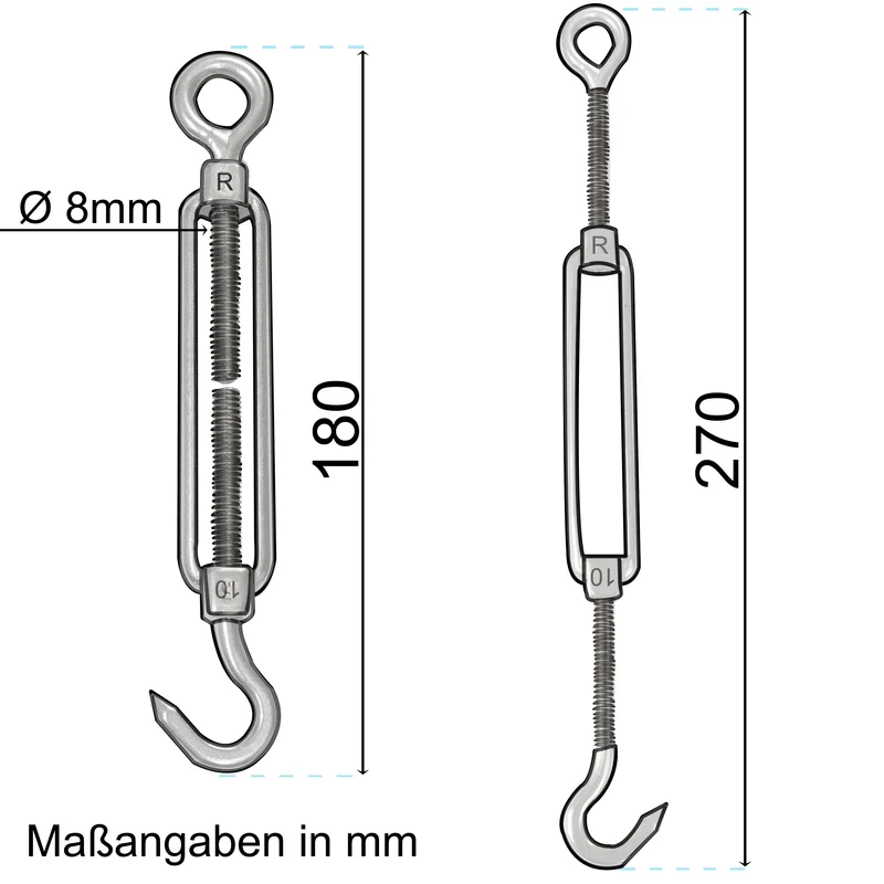 4x Edelstahl Spannschloss Spannschraube D-10mm - M10 - Öse+Haken V2A - Seilspanner Segelspanner für Drahtseil - 22-34 cm lang Wantenspanner Bruchlast 800kg