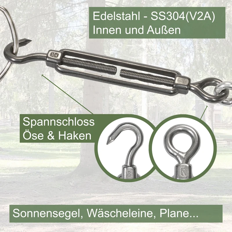 4x Edelstahl Spannschloss Spannschraube D-6mm - M6 - Öse+Haken V2A - Seilspanner Segelspanner für Drahtseil - 14-21cm lang Wantenspanner Bruchlast 350kg