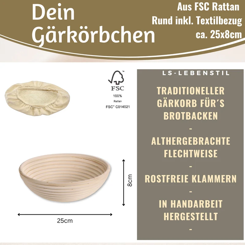 Gärkörbchen Gärkorb Rund 25x8cm Peddigrohr Brotform Leineneinsatz Brotkorb