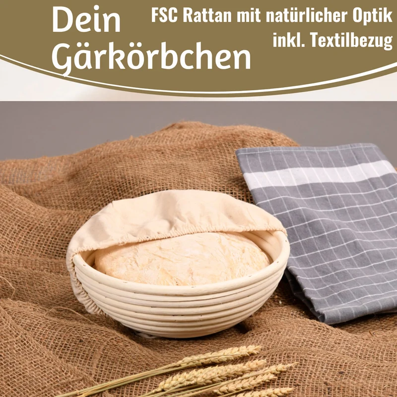 Gärkörbchen Gärkorb Rund 22x8cm Peddigrohr Brotform Leineneinsatz Brotkorb